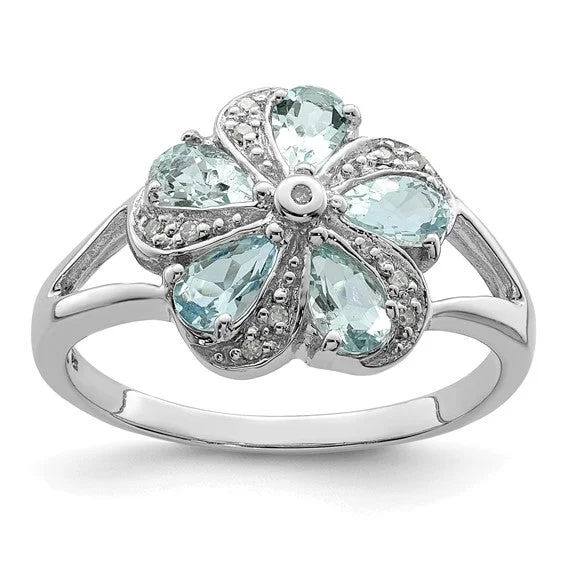 Sterling Silver Genuine Aquamarine Diamond Flower Ring