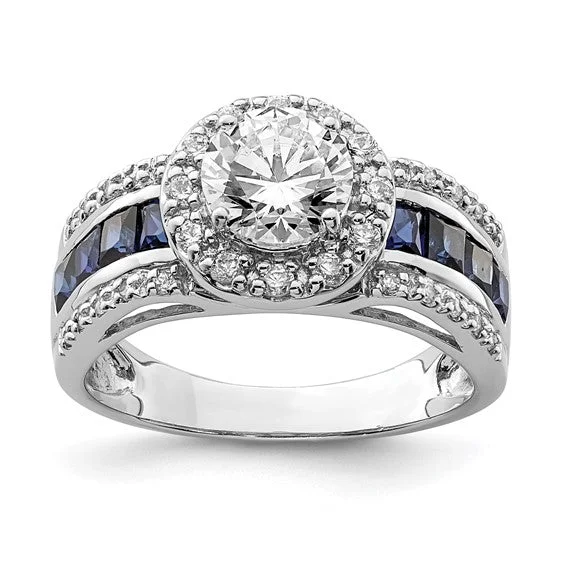 Sterling Silver Lab-Created Blue Sapphire & CZ Halo Ring