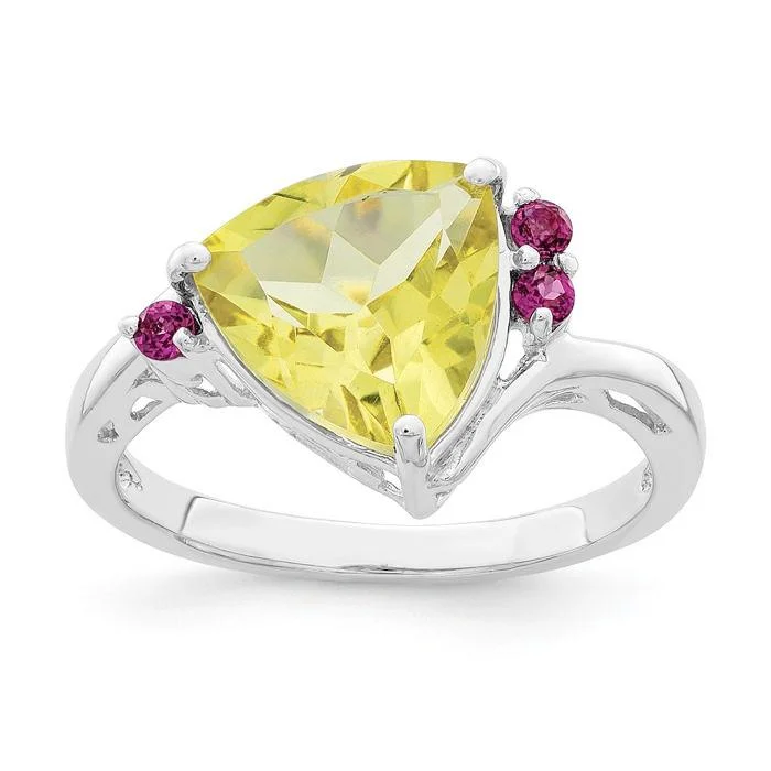 Sterling Silver Lemon Quartz Trillion And Rhodolite Garnet Ring