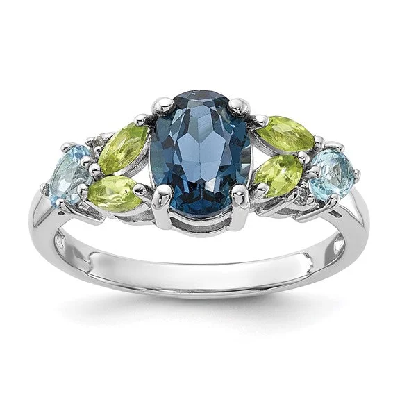 Sterling Silver London Blue, Swiss Blue, White Topaz and Peridot Ring