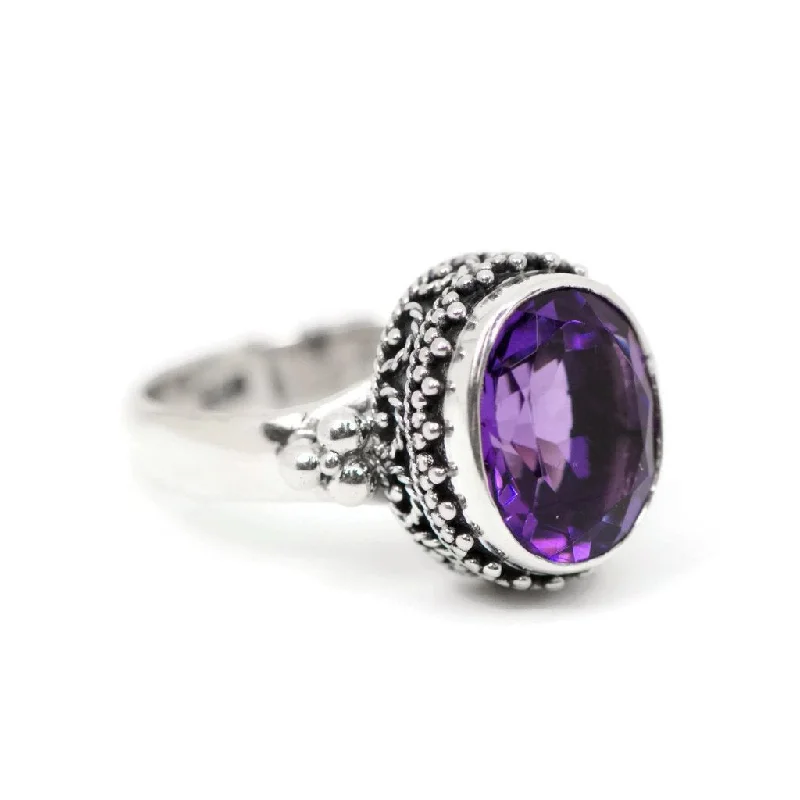 Sterling Silver Oxidized 11x9mm Oval Amethyst Ring