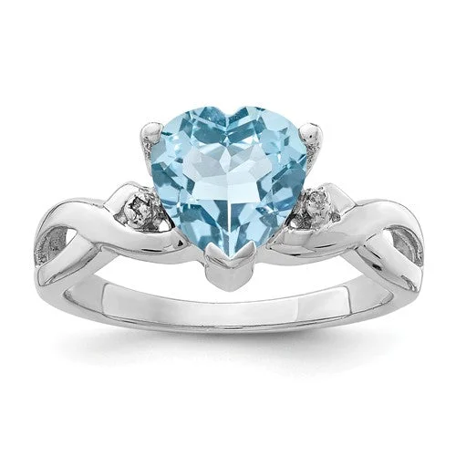 Sterling Silver Light Swiss Blue Topaz Heart & Diamond Ring