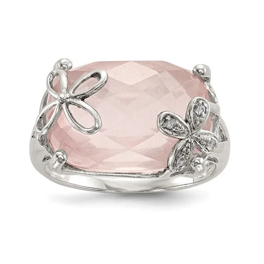 Sterling Silver Rose Quartz and White Sapphire Floral Ring