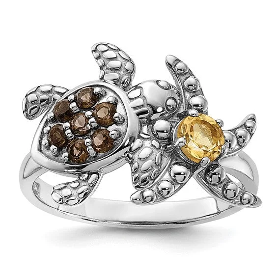 Sterling Silver Smoky Quartz and Citrine Turtle and Starfish Ring