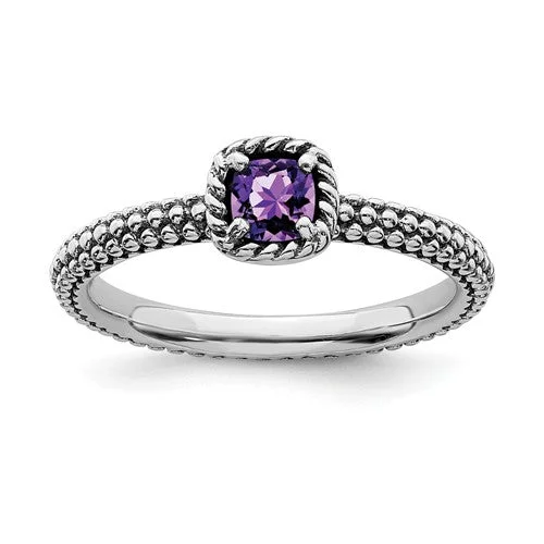 Sterling Silver Stackable Expressions Checker-Cut Amethyst Antiqued Ring