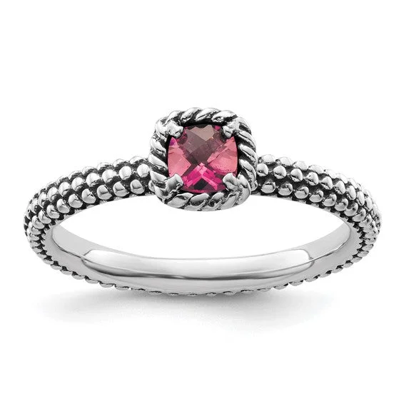 Sterling Silver Stackable Expressions Checker-Cut Cushion Pink Tourmaline Antiqued Ring