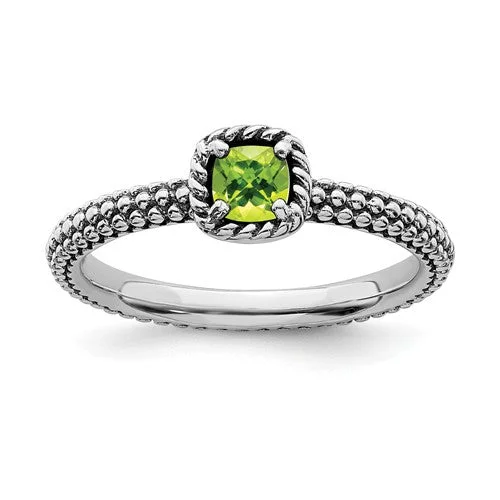 Sterling Silver Stackable Expressions Checker-Cut Cushion Peridot Antiqued Ring