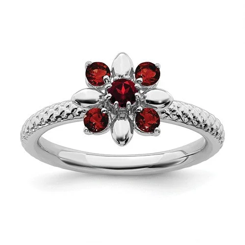 Sterling Silver Stackable Expressions Garnet Flower Ring