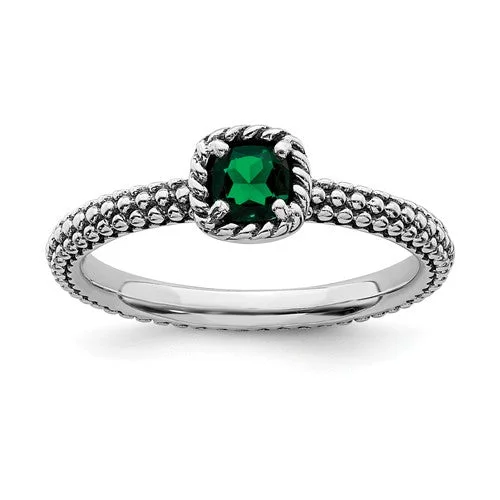 Sterling Silver Stackable Expressions Created Emerald Cushion Ring