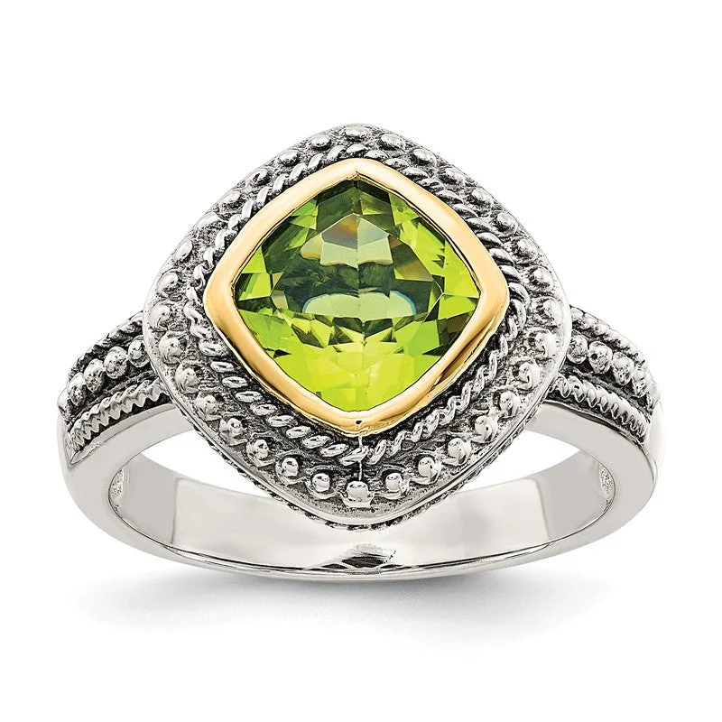 Shey Couture Sterling Silver w/ 14k Gold Accents 8mm Cushion Cut Peridot Ring