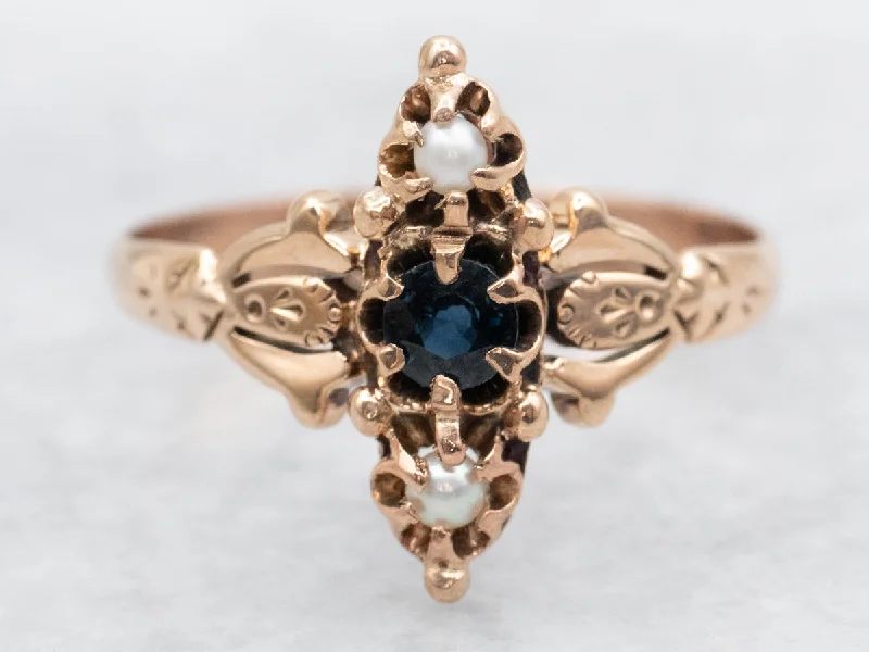 Victorian Sapphire and Seed Pearl Navette Ring