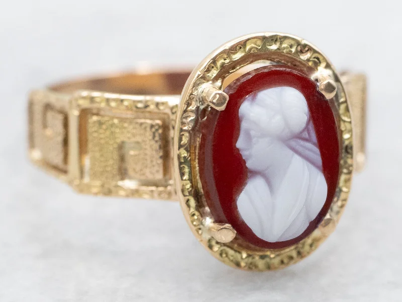 Victorian Sardonyx Cameo Greek-Key Pattern Ring