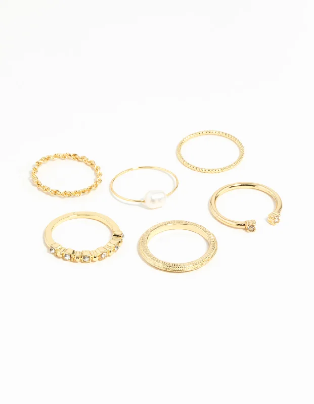 Gold Plated Ring Stack Pack with Freshwater Pearls