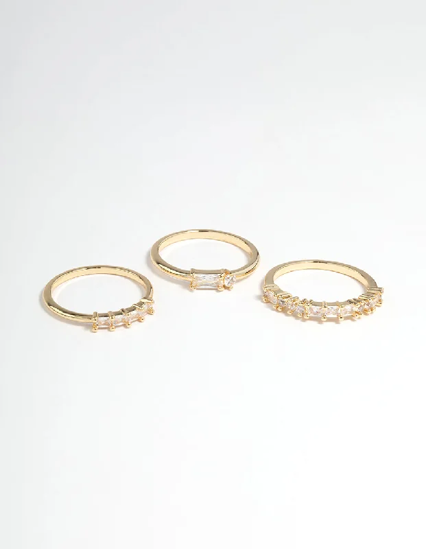 Gold Plated Cubic Zirconia Baguette Stacker Rings Pack