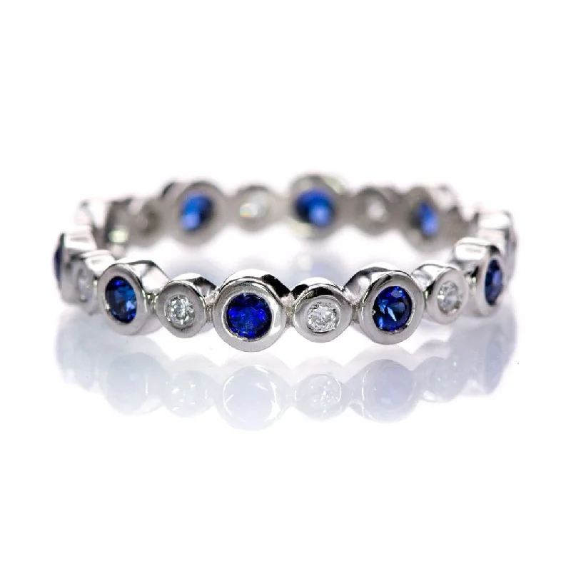 Bree Anniversary Band - Bezel Set Lab Created Diamond & Blue Sapphire Eternity Stacking Ring Wedding Band