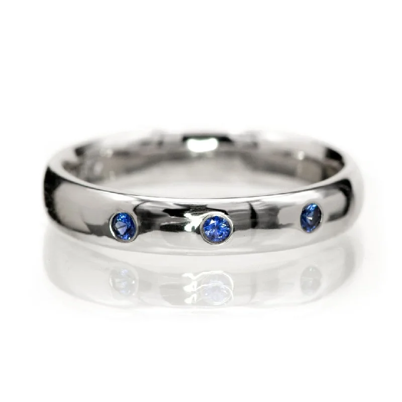 Dana Ring - Narrow 2.5mm or 4mm wide 3 Blue Sapphire Flush Set Domed Wedding Band