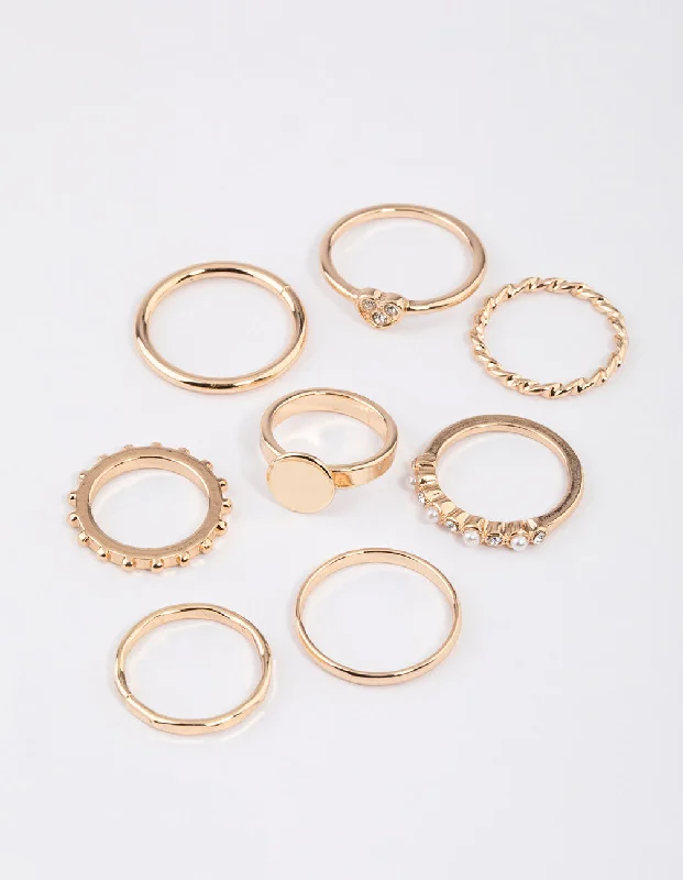 Gold Disc & Diamante Heart Ring 8-Pack