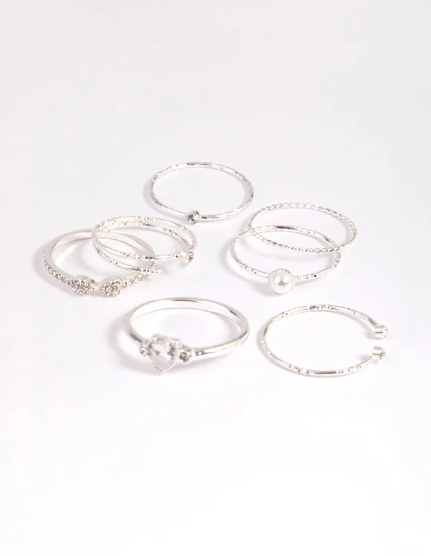 Silver Dainty Diamante & Pearl Ring Pack