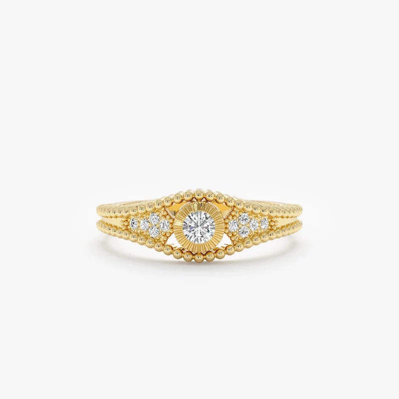 Solid Gold Diamond Ring with Beaded Accents, Ori