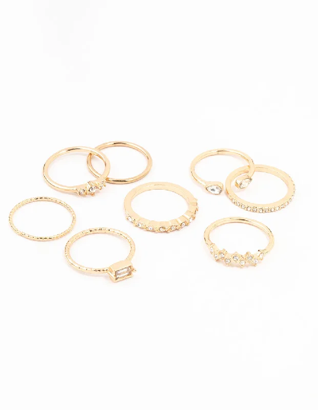 Fine Gold Diamante Ring Pack 8