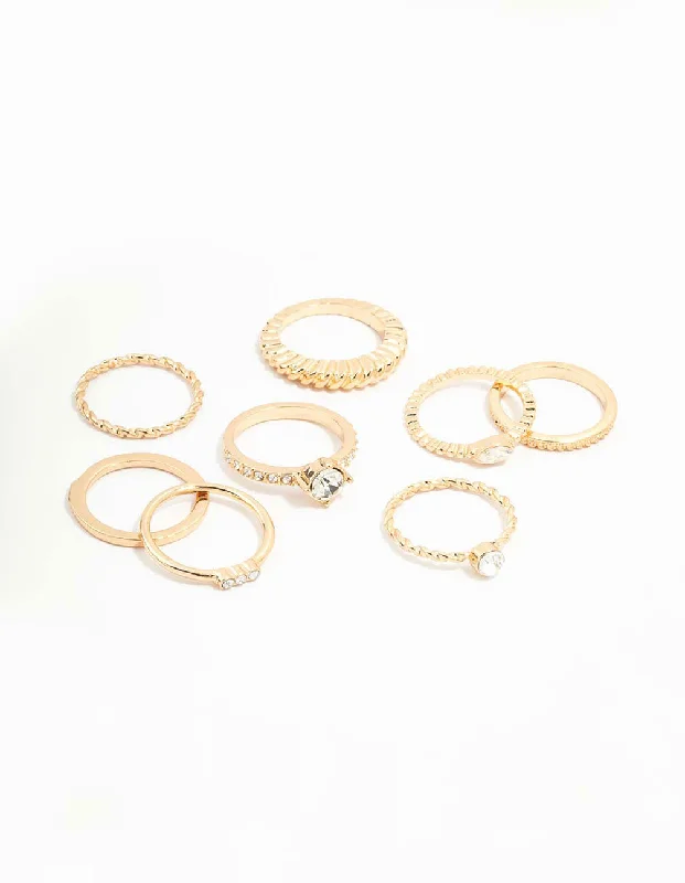 Gold Mixed Diamante & Chunky Style Rings 8-Pack