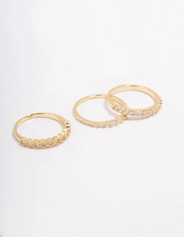 Gold Plated Cubic Zirconia Round Triple Stacking Ring