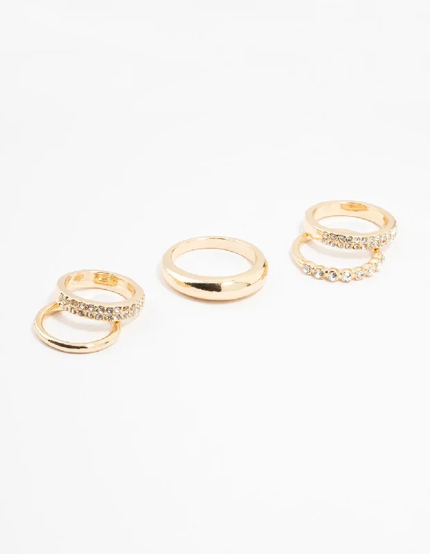 Gold Thick Diamante Band Rings 5-Pack