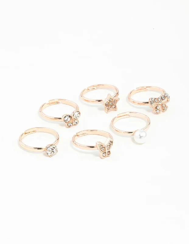 Kids Rose Gold Diamante Pearl Flower & Bow 6-Pack