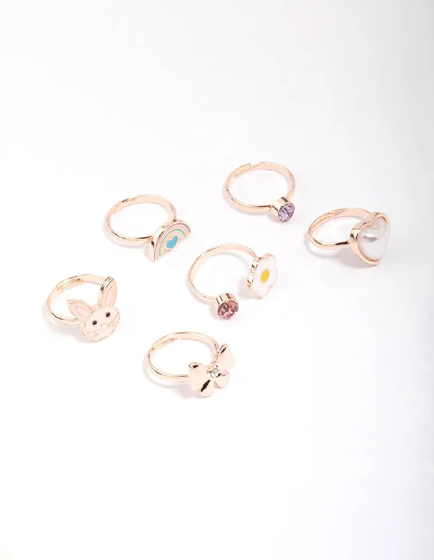 Kids Rose Gold Easter Bunny Bow Ring 6-Pack