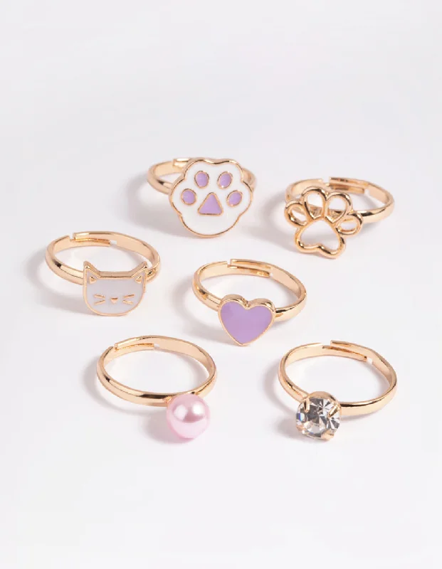 Kids Purple Cat Paw Ring 6-Pack