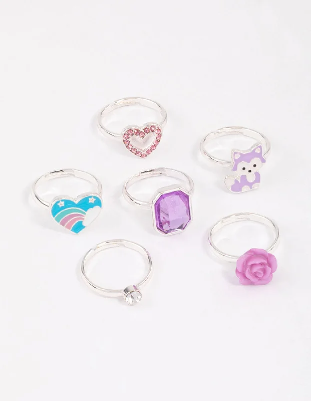 Kids Silver Diamante Rose Ring 6-Pack