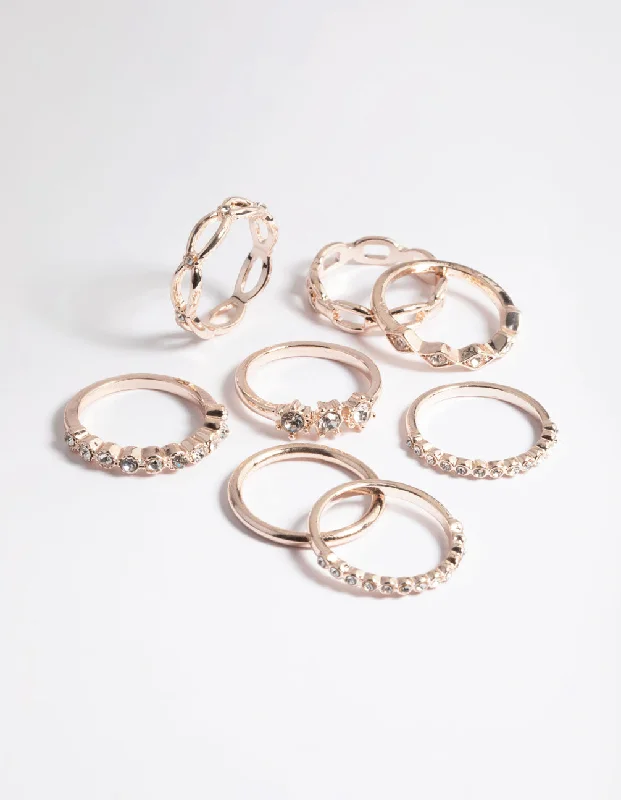 Rose Gold Diamante Row Mix Ring 8-Pack