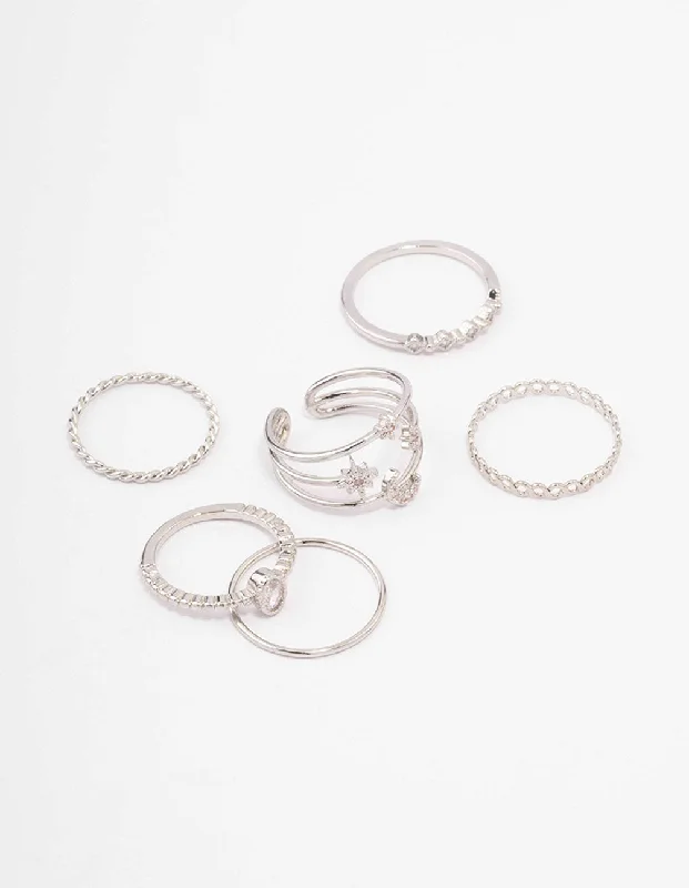 Rhodium Cubic Zirconia Moon & Stars Ring 5-Pack