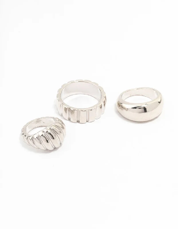 Rhodium Smooth & Ribbed Rings 3-Pack