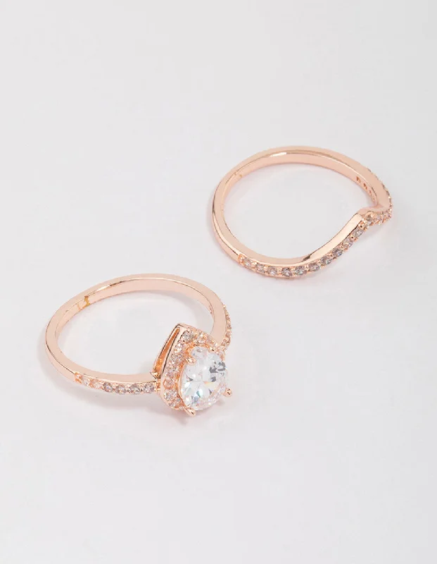 Rose Gold Crowned Pear Diamante Ring