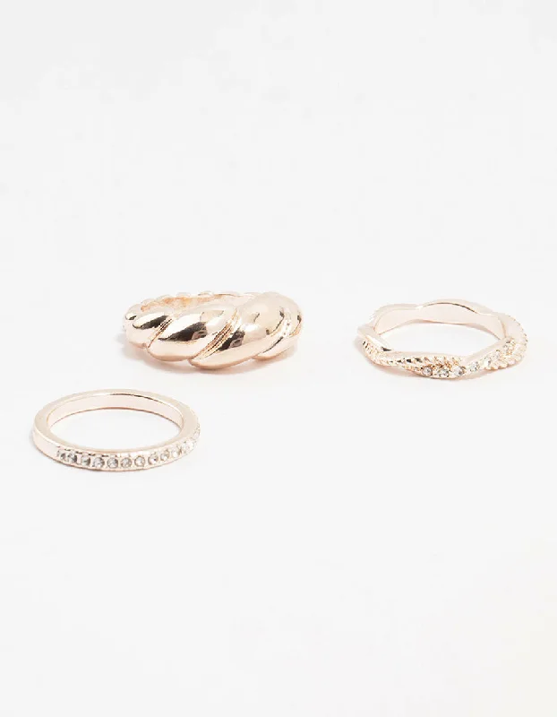 Rose Gold Plated Diamante Twisted Rings 3-Pack