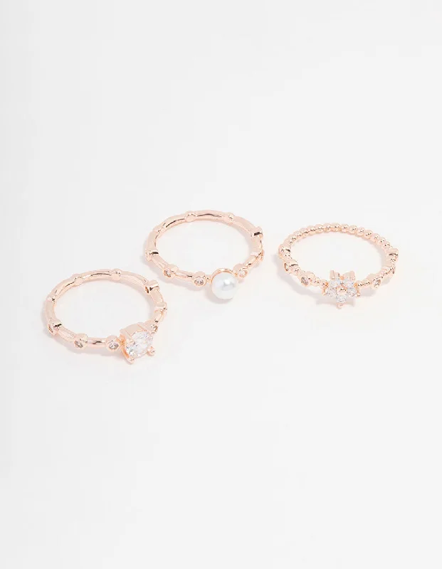 Rose Gold Plated Cubic Zirconia Pearl Bamboo Ring 3-Pack