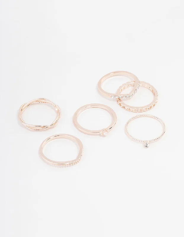 Rose Gold Plated Cubic Zirconia Twist & Dip Ring 6-Pack