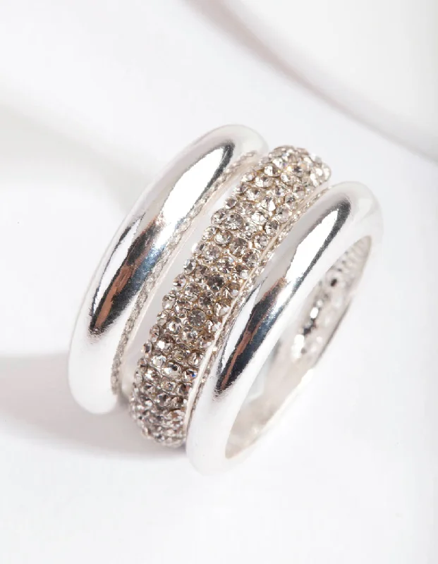 Silver Curve Band Diamante Ring Pack