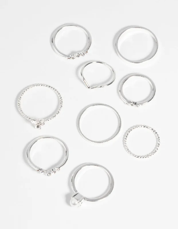 Silver Pearl & Diamante Ring 9-Pack