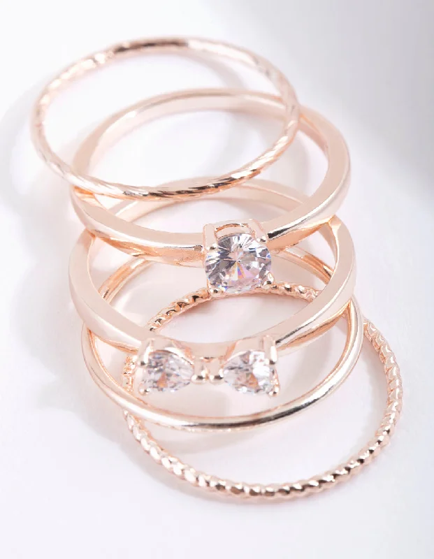 Rose Gold Cubic Zirconia Bow & Band Stacking  Rings 5-Pack