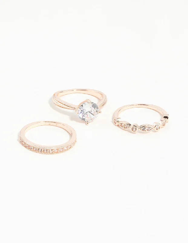 Rose Gold Round Stone Triple Band Ring