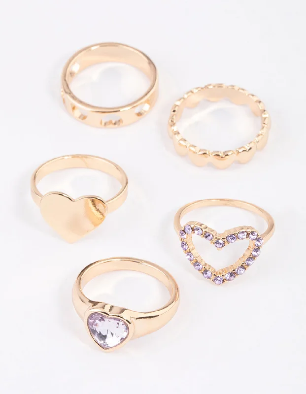 Gold Mixed Heart Stone Ring 5-Pack