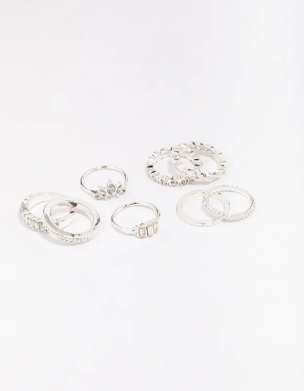 Silver Diamante Band Mixed Ring Pack