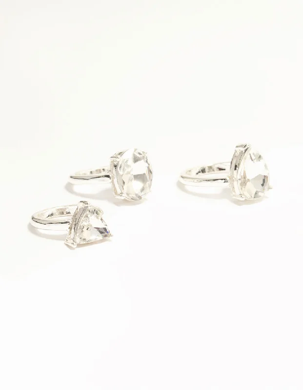 Silver & Mixed Shape Diamante Rings 3-Pack