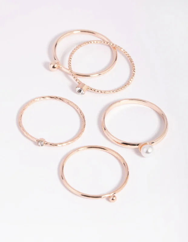 Rose Gold Dainty Pearl Ring 5-Pack