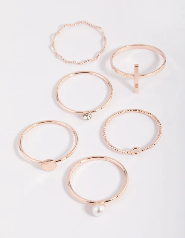 Rose Gold Dainty Pearl Ring Stack 6-Pack